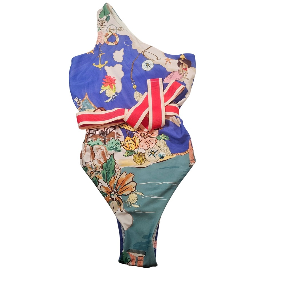 Antonion Melani XS One Shoulder Map Blue Ocean 1 Piece Swimsuit Belted NWT 1564